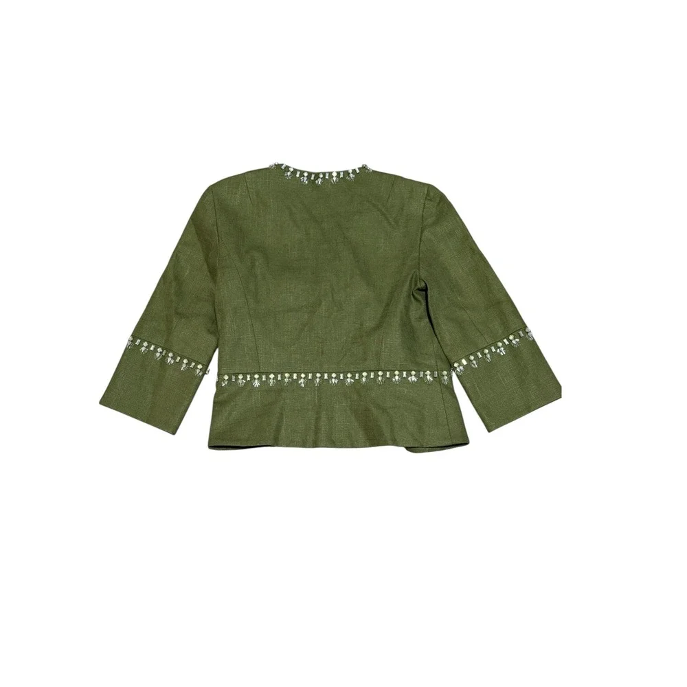 Tory Burch Avery Embellished Linen jacket Sz4‎ crystal beaded Olive green garden